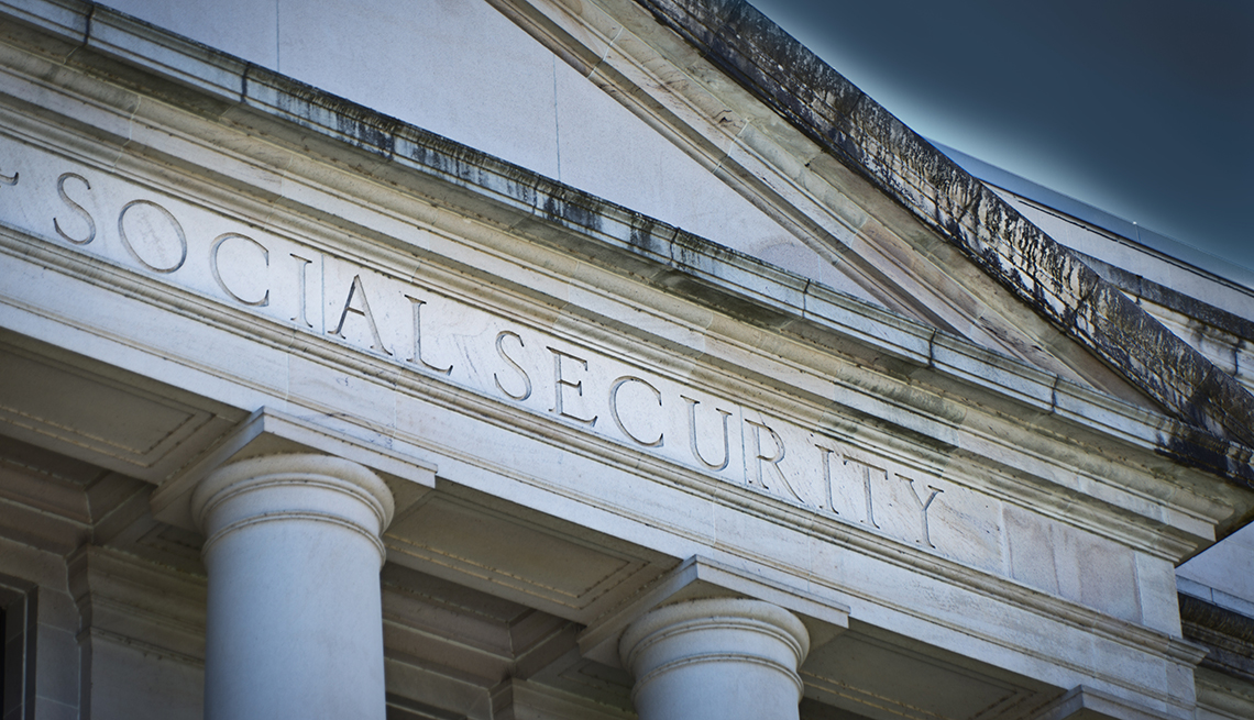 The U.S. government Social Security Agency Building. The entrance sign of the agency. A classical government building for the social security service. Photographed in horizontal format.